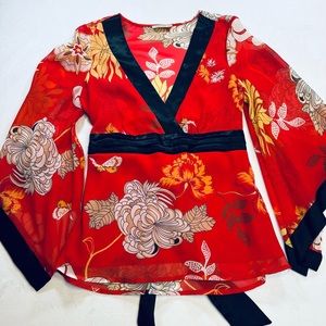 Estam USA‎ Red and Black Kimono Blouse Womens Size S